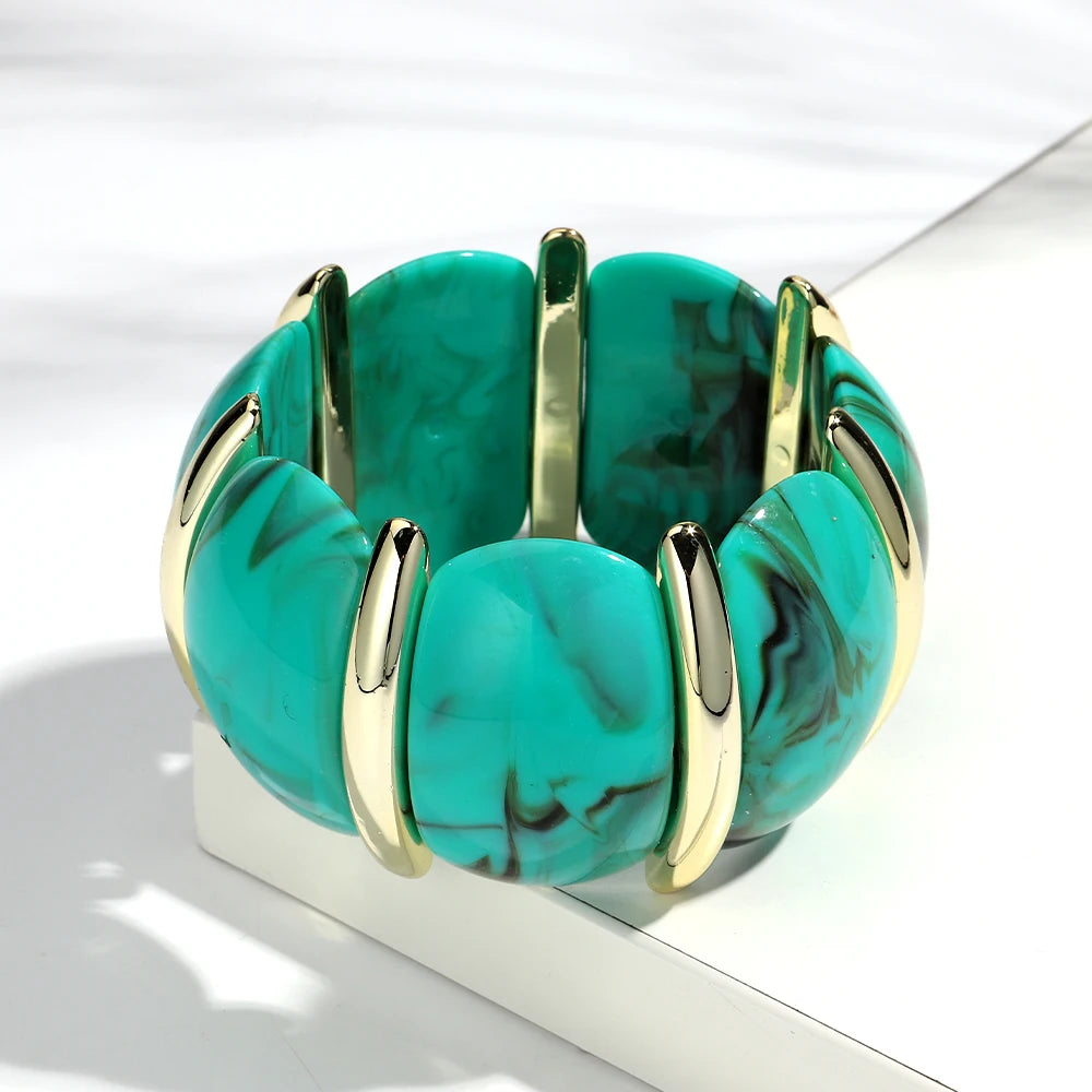 Fashion Acrylic Colorful Wide Elastic Geometric Petal Bangle Bracelets Exaggerate Curved Beads Cuff Bracelet Gifts for Women