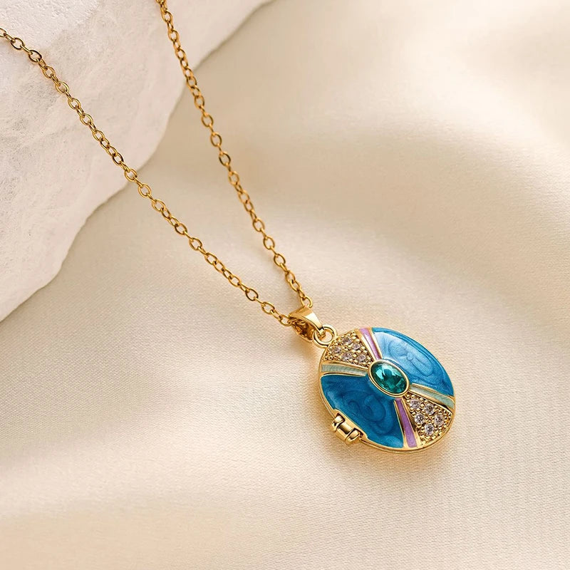 ANENJERY 316L Stainless Steel Openable Oval Heart Photo Frame Zircon Necklace For Women Delicate Vintage Jewelry Gifts Wholesale
