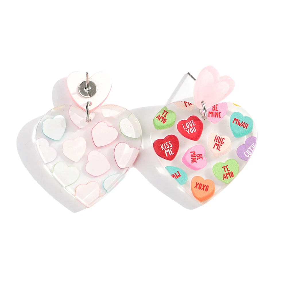 Sweet Acrylic Heart Love Message Drop Earrings for Women Resin Heart Shape Pendant Earrings Valentines Day Gifts