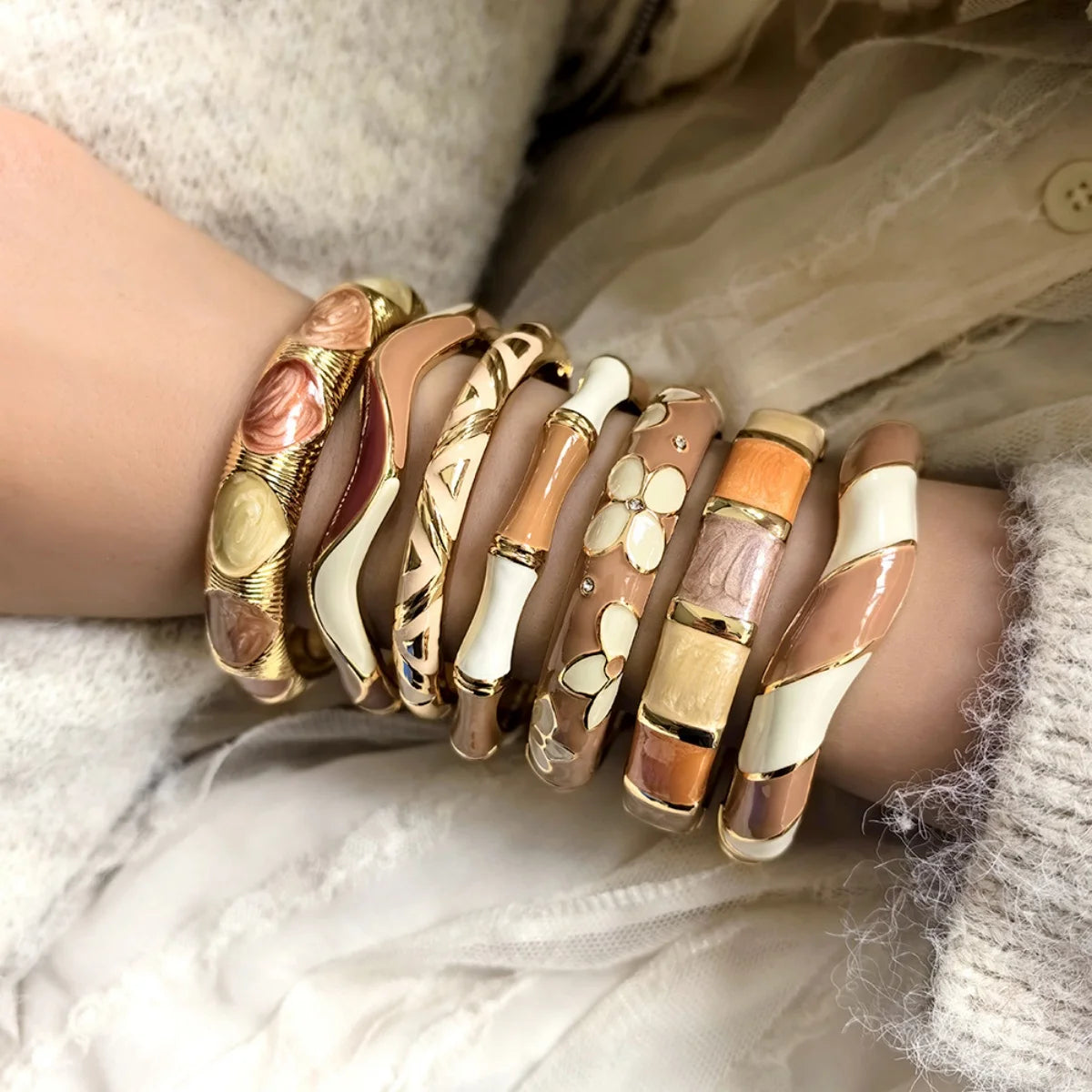 KMVEXO 7 Style Boho Beige Coffee Enamel Irregular Metal Bracelet For Women Men Punk Geometric Heart Cuff Bangle Fashion Jewelry