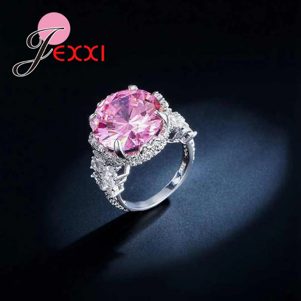 Luxury Big Round Pink Cubic Zirconia Wedding Fine Rings 925 Sterling Silver Women Banquet Party Queen Jewelry Ring