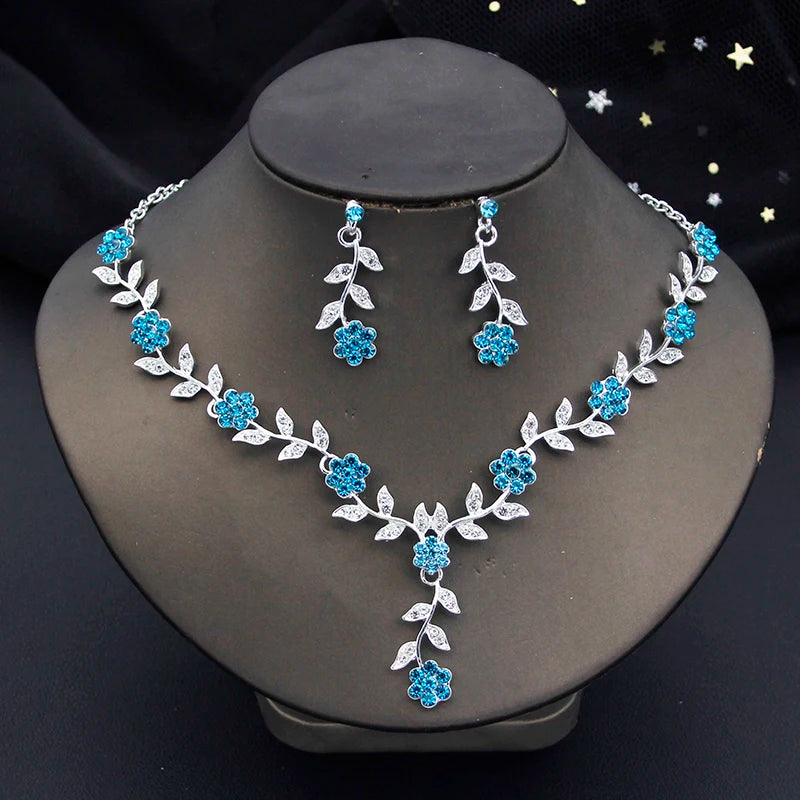 Exquisite 16 Colors Flower Jewelry Set Rhinestone Pendant Party Women Fashion Romantic Wedding Necklace Earring Set 3pcs Gifts