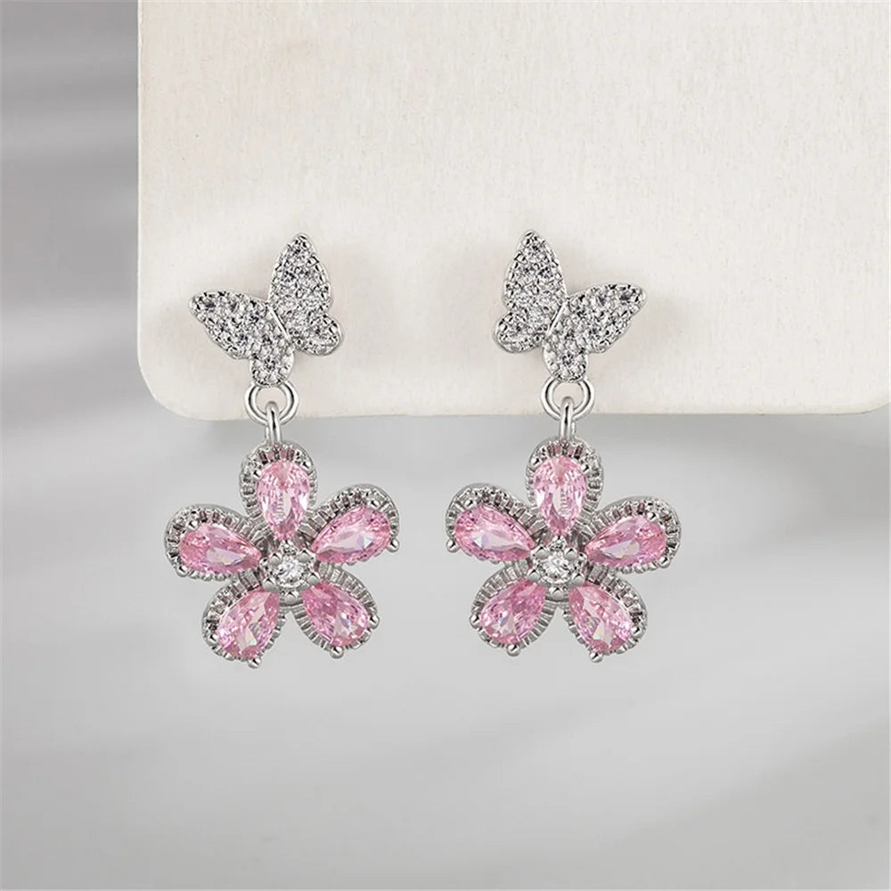 Cute Female Pink Zircon Stone Silver Color Stud Flower Earrings Lovely Bridal Wedding Jewelry For Women