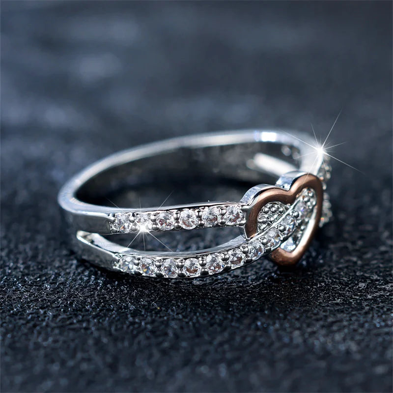 Simple Female White Zircon Stone Ring Rose Gold Silver Color Heart Engagement Bride Wedding Jewelry For Women