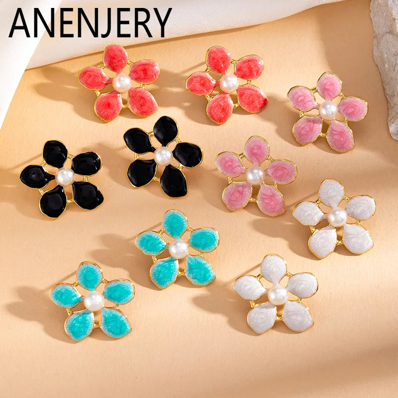 ANENJERY 316L Stainless Steel Flowers Imitating Pearls Stud Earrings For Women Luxury Niche Temperament Simple Jewelry Gift
