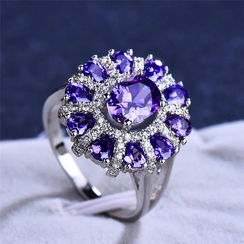 Charm Female Purple Zircon Stone Engagement Ring Silver Color Wedding Jewelry For Women
