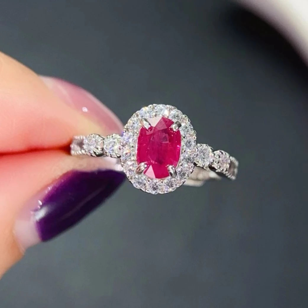 Pink Natural Ruby Ring with Certificate 7mm*5mm 0.7ct Myanmar Ruby 925 Silver Ring for Party Gift for Wife