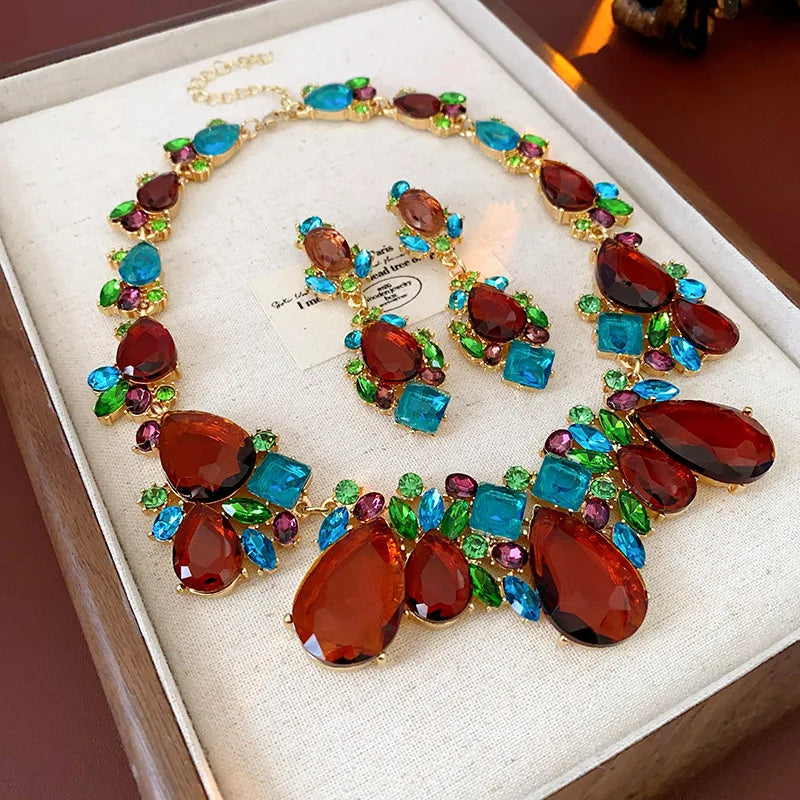 1/2 Pcs Luxury Shiny Rhinestone Choker Necklaces Earrings Set Women Vintage Geometric Bridal Weddings Jewelry Set Banquet N