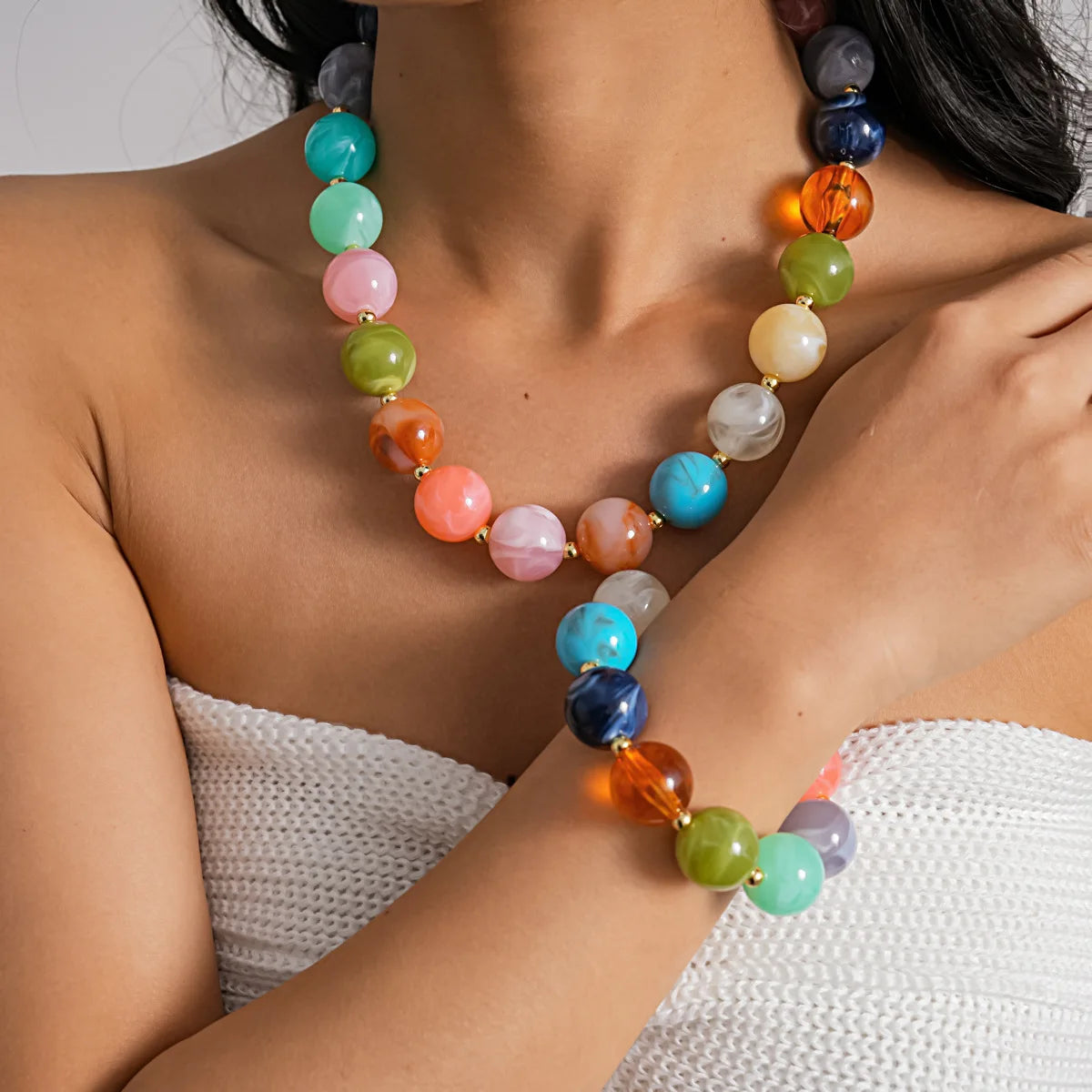 KMVEXO Fashion Colorful Acrylic Big Beads Necklace Bracelet Set for Women Personality Originality Holiday Jewelry Accessories
