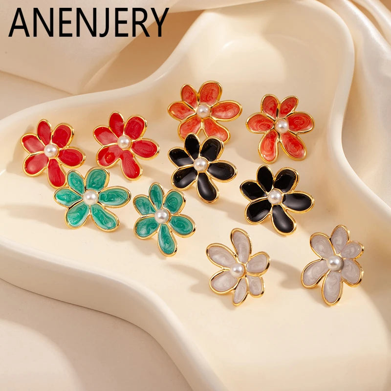 ANENJERY 316L Stainless Steel Colorful Enamel Flower Butterfly Earrings For Women French Delicate Elegant Jewelry Birthday Gifts