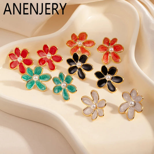 ANENJERY 316L Stainless Steel Colorful Enamel Flower Butterfly Earrings For Women French Delicate Elegant Jewelry Birthday Gifts