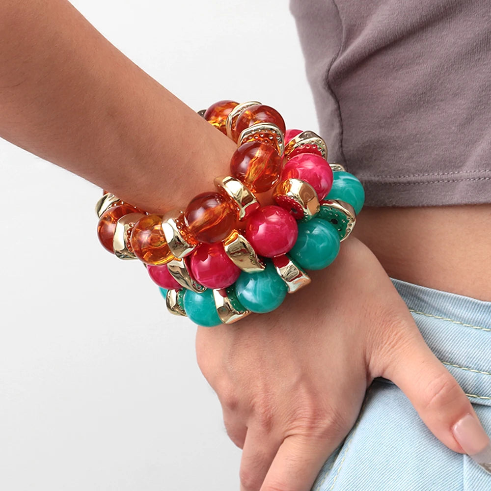 Trendy Acrylic Geometric Round Beads Stretch Bracelets for Women Fashion Irregular CCB Beaded Bangele Bracelet Jewelry Accessory