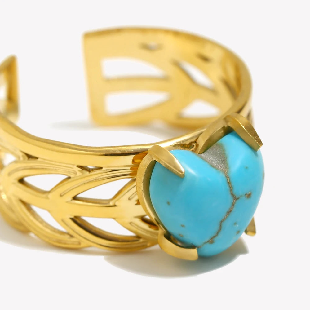 E.B.belle Leaf Pattern Natural Blue Turquoise Stone Heart Opening Ring 18K Gold Plated Stainless Steel Party Waterproof Jewelr y