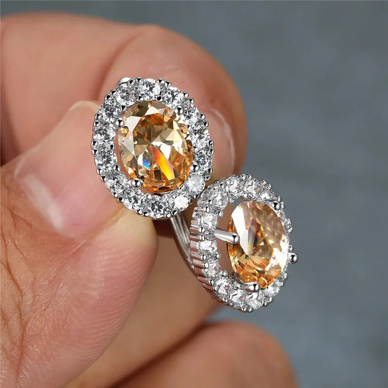 Luxury Crystal Purple Oval Stone Earrings Multicolor Zircon Small Hoop Earrings Classic Silver Color Wedding Earrings For Women