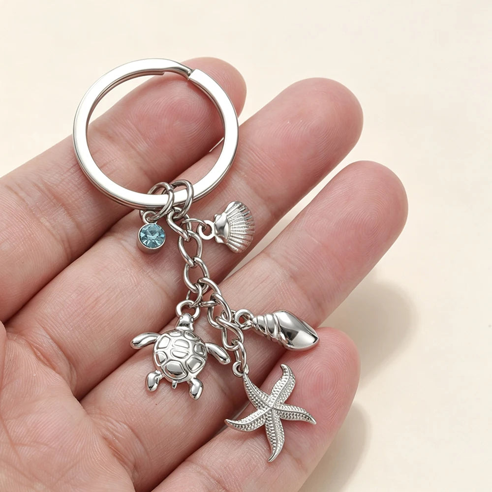 Turtle Starfish Shell Keychain Ocean Theme Stainless Steel Seashell Conch Crystal Charms Key Ring Fashion Beach Bag Holiday Gift