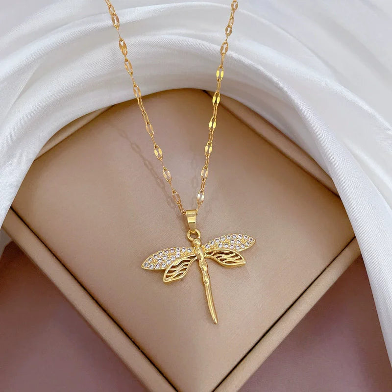 EILIECK 316L Stainless Steel Dragonfly Butterfly Shiny Cubic Zircon Pendant Necklace for Women Luxury Neck Chain Fashion Jewelry