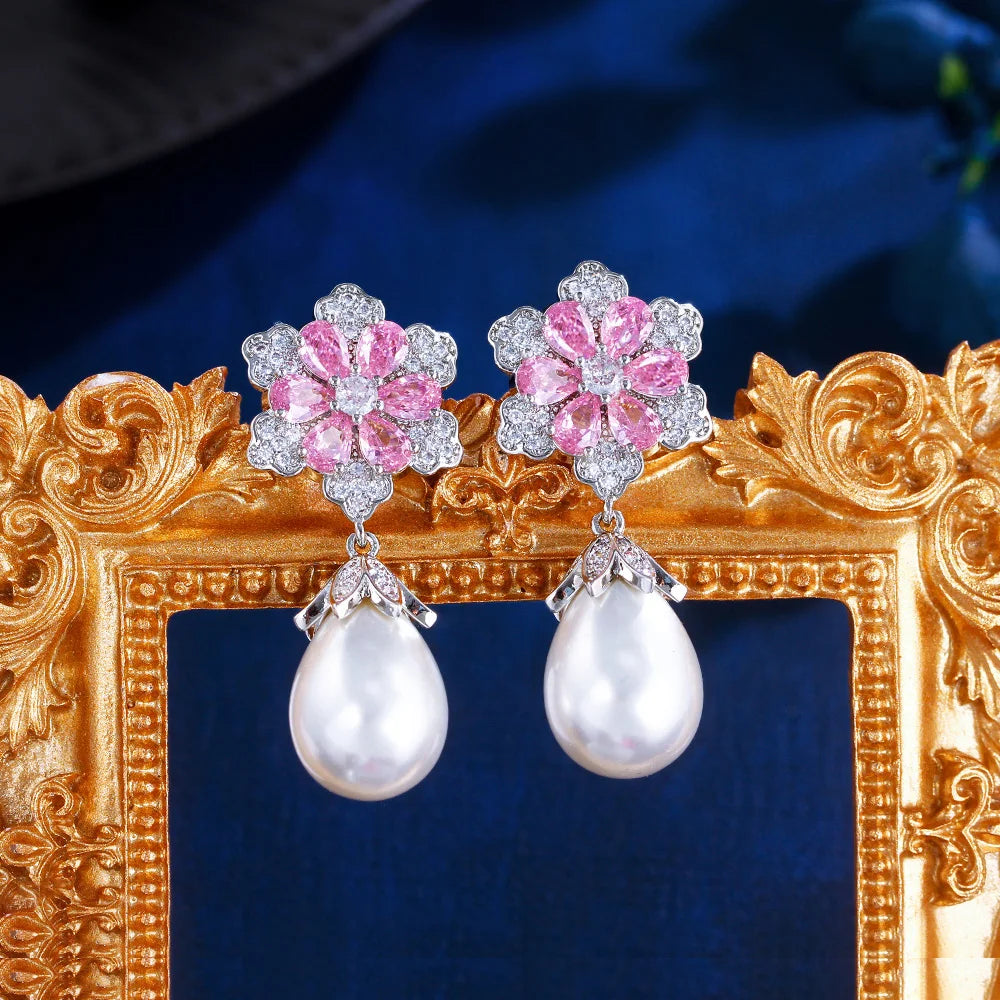 ThreeGraces Delicate Shiny Pink Zirconia Simulated Pearl Long Flower Drop Earrings for Women Bridal Wedding Party Jewelry E1929