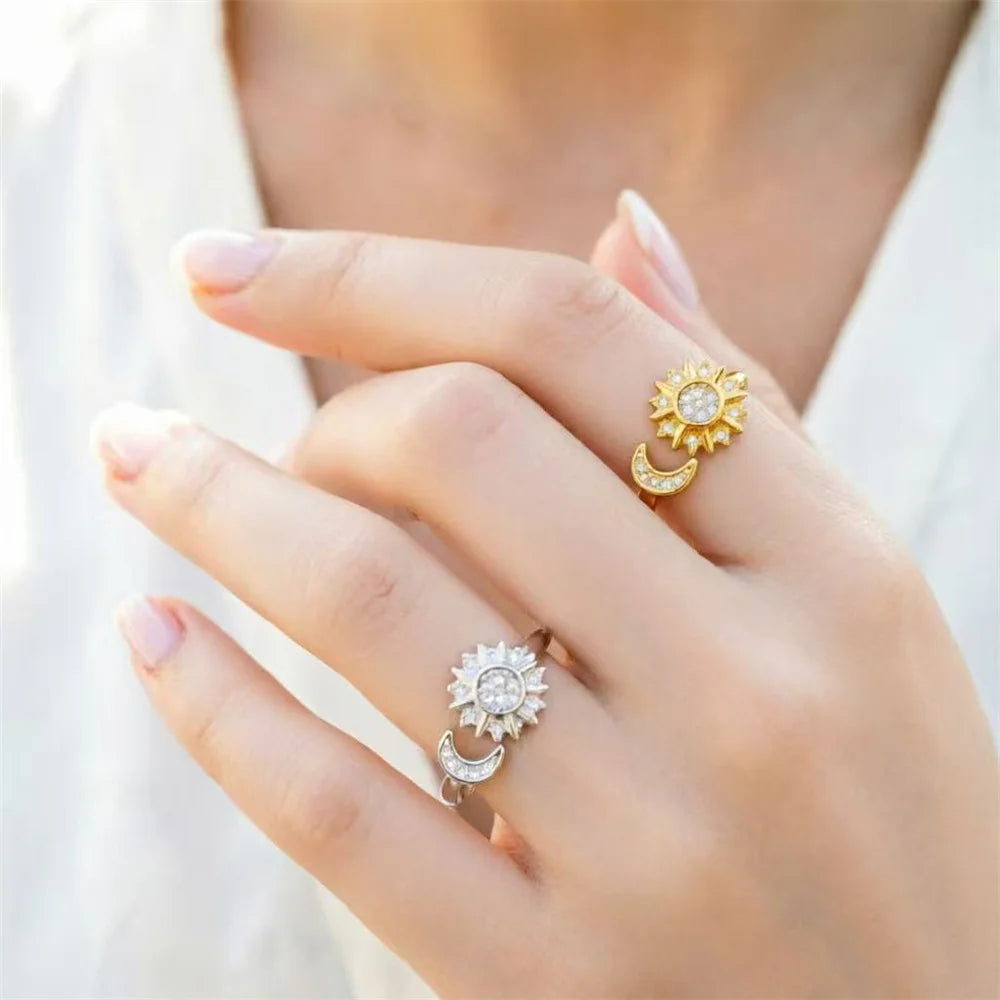 Charm Female White Small Moon Sun Zircon Stone Tredny Adjustable Open Ring Gold Silver Color Cute Gift Wedding Jewelry For Women
