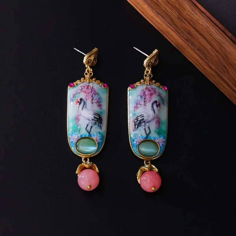 Retro Chinese Style Women Earrings Enamel Painted Cat's Eye Stones Fashion Jewelry Elegant Versatile Aretes De Mujer
