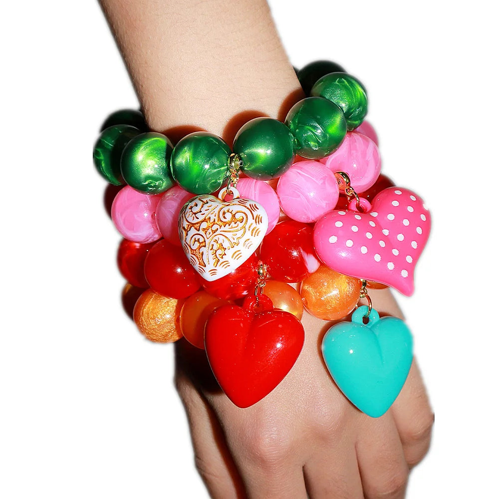 Boho Colorful Round Beads Heart Pendant Elastic Bracelets Fashion Geometric Beaded Bangle Bracelet Women Jewelry Gifts