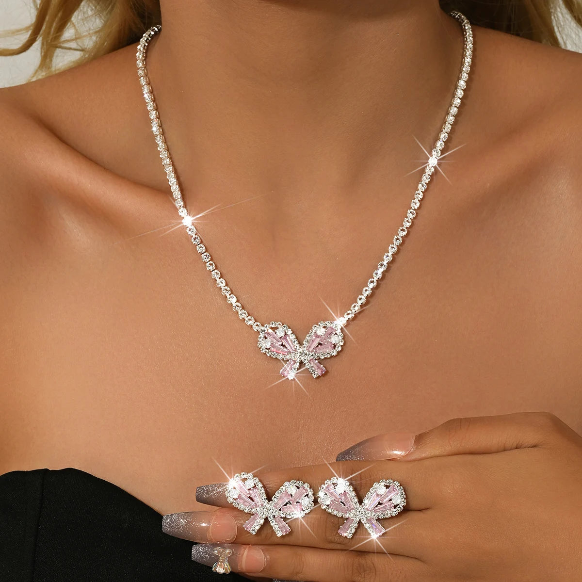 Sparkling bow, crystal necklace, earrings, jewelry set, ball bridesmaid, sweet girl style, summer graduation party accessories