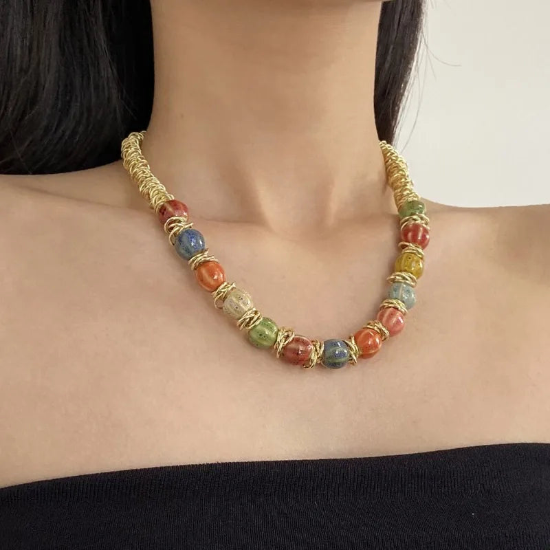 NISHIZAWA Colorful Necklaces for Women Palace Style Elegant Fashion Chokers Jewelry Beaded Hyperbole Retro Collares Para Mujer