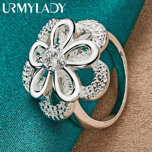 URMYLADY 925 Sterling Silver Double Flower Zircon 7-10# Ring For Women Wedding Engagement Party Fashion Jewelry