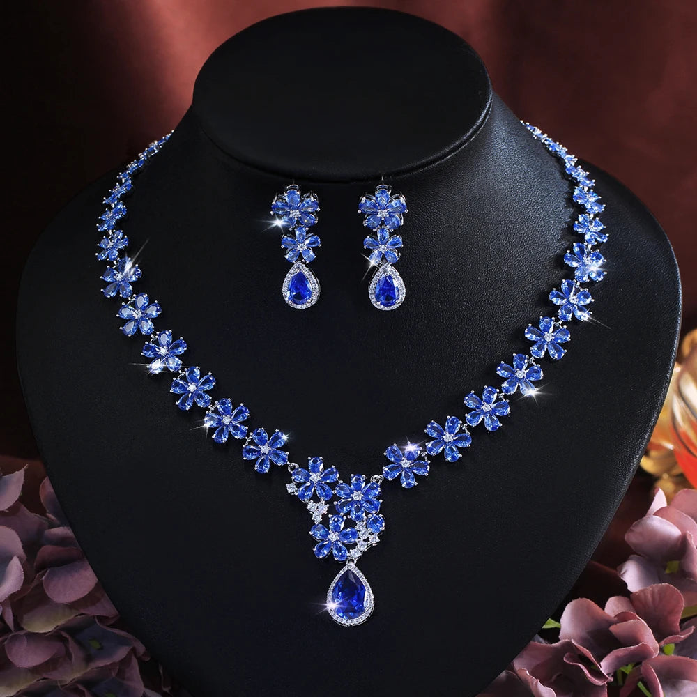 ThreeGraces Vintage Brilliant Pink Water Drop Zirconia Flower Shape Bridal Wedding Evening Party Jewelry Set for Women T1204