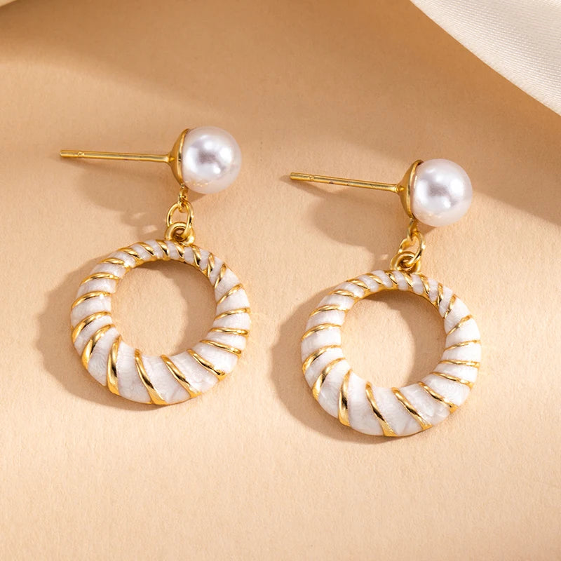 ANENJERY 316L Stainless Steel Hollow Round Imitation Pearls Stud Earrings For Women Luxury Niche Temperament Simple Jewelry Gift