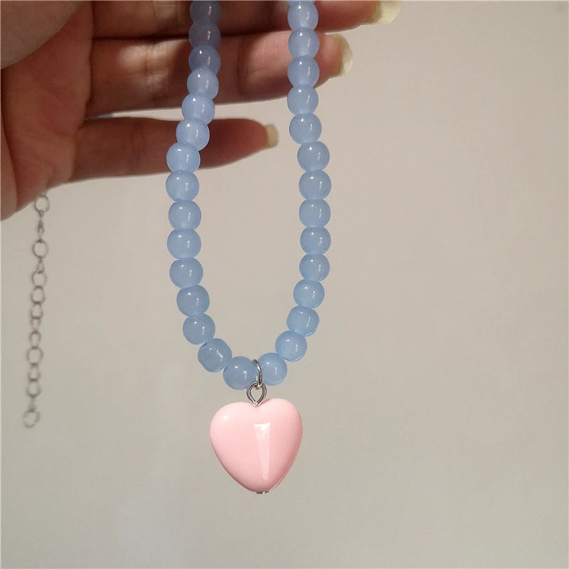 Y2K Retro Resin Pendant Necklaces Women Beaded Candy Color Heart Necklaces Exquisite Cute Daily Party Jewelry Accessories Gifts
