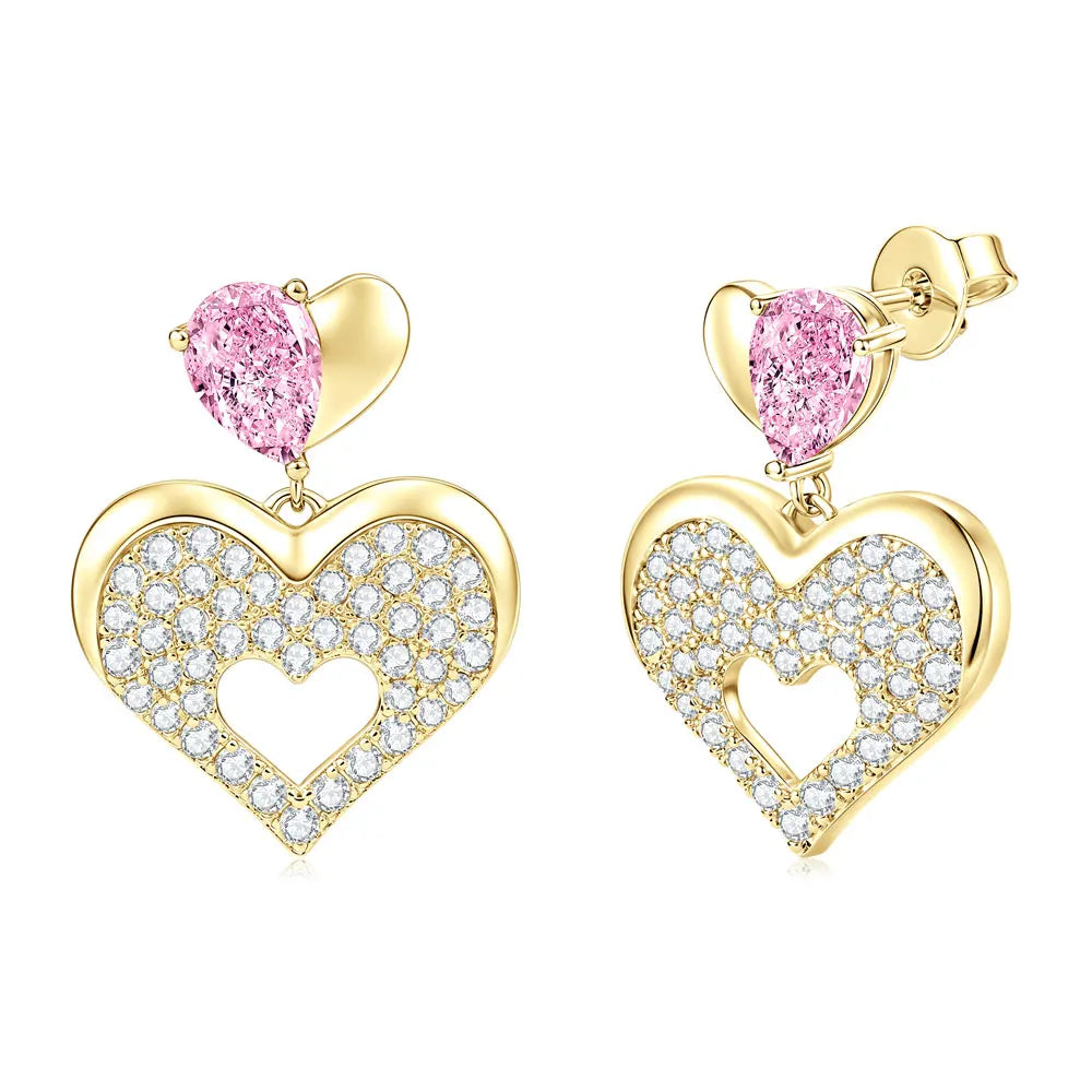 OXTAO Pink Heart-shaped Drop Earrings Sweet Moissanite &CZ Lab Imitation Diamond 14K Gold Filled  for Women Luxury Jewelry