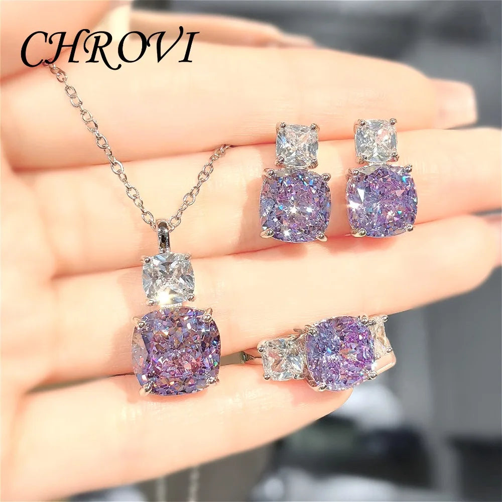 Fashion 925 Sterling Silver Pink Diamond Necklace with Purple Pendant, Stud Earrings, Ring, and Coloured Gemstone Set for Women