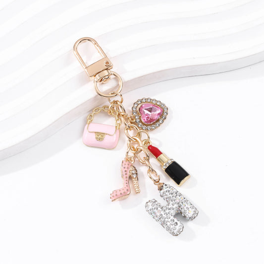 1pc Pretty Heart Handbag Lipstick Letter H Enamel Keychain Fancy Heavy Industrial Style Inlay Series Bag Charms for Friends Gift