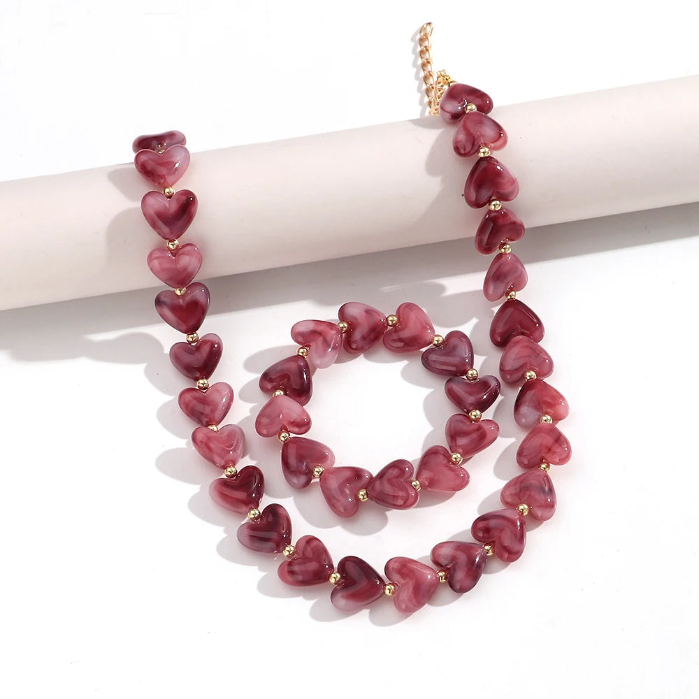 New Colorful Acrylic Geometric Heart Beaded Necklace Bracelet Set Fashion Love Heart Beads Choker Necklace Women Jewelry Gifts