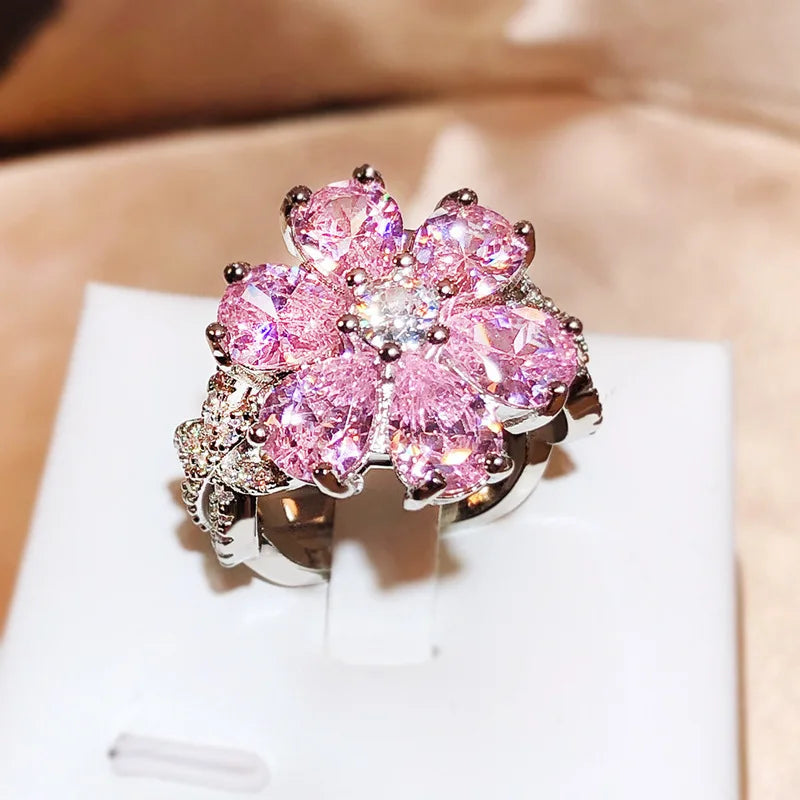 Cute Female Pink Crystal Stone Ring Charm Upscale Thin 925 Sterling Silver Wedding Rings for Women Bride Flower Zircon Jewelry
