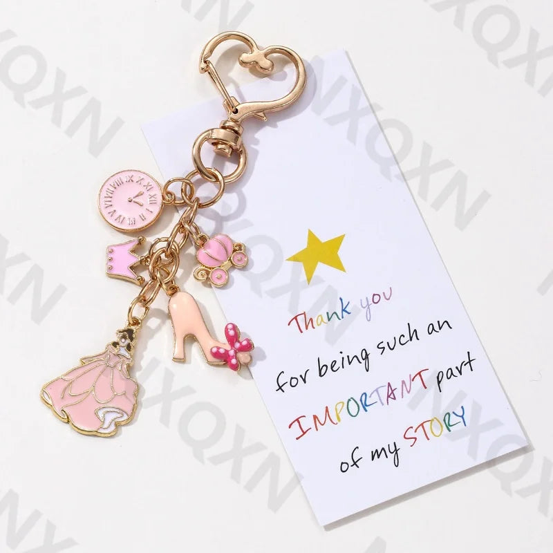 Cute Pink Clock Castle Crown Princess Enamel Keychain Lovely FatTonny Key Ring For Women Girls Good Gift Handmade Jewlery Set