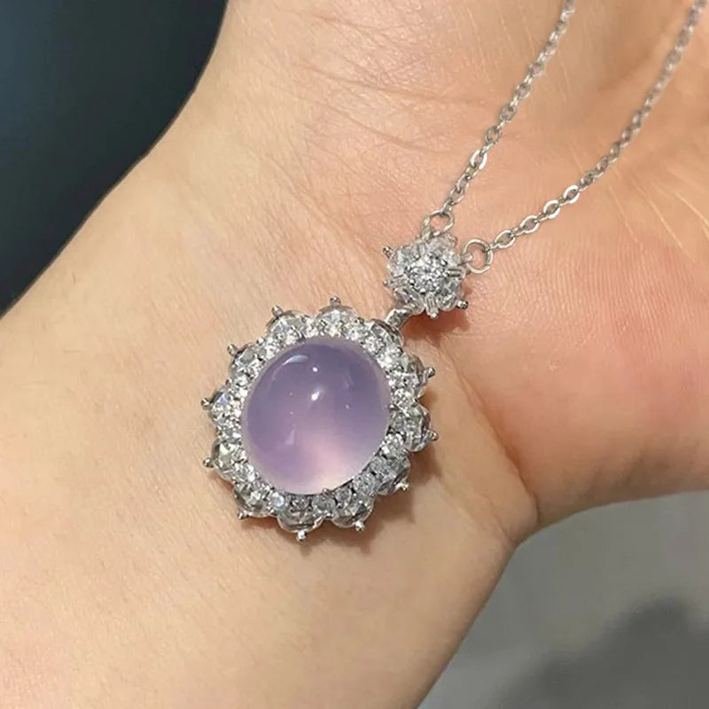 Huitan Aesthetic Women Purple Imitation Opal Pendant Necklace for Party Wedding Elegant Charming Accessories Jewelry Inlaid CZ
