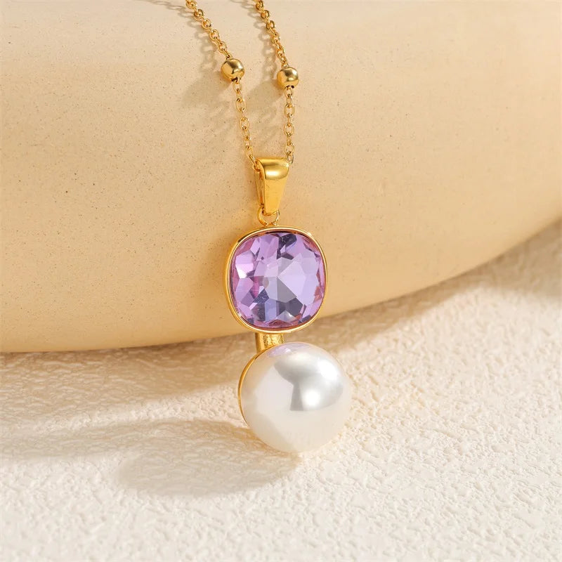 EILIECK Purple Crystal Zirconia Pearl Necklace Earrings Trendy Stainless Steel Waterproof Jewelry Set Golden Metal Texture Women