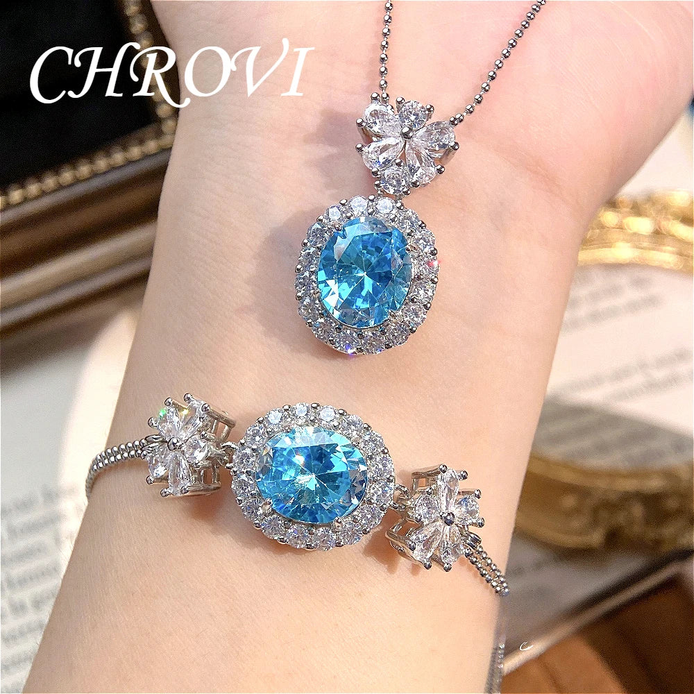 Aromatherapy 925 sterling silver romantic Paraiba diamond pendant necklace with full-cut oval zircon bracelet set