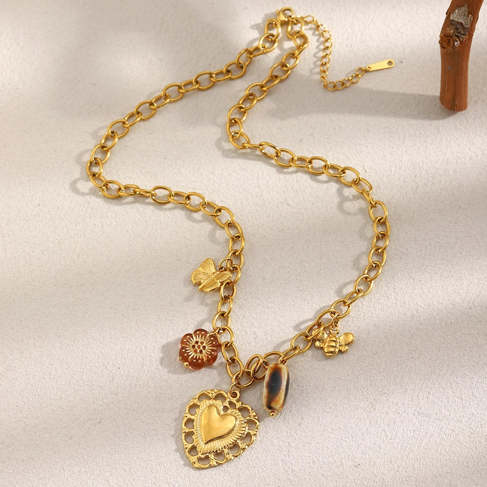 E.B.belle Vintage Style PVD Plated  Hollow Heart Butterfly Charm Necklace Stainless Steel Women Waterproof Party Neck Jewelry