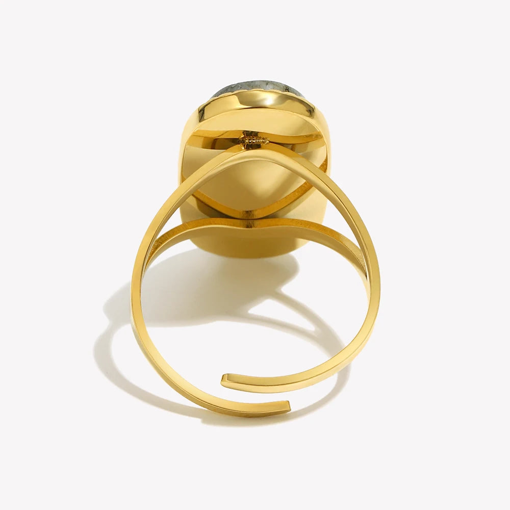 E.B.belle 18K Gold Plated Stainless Steel Waterproof Luxury Oval White Jade Opening Ring For Women Party Wedding Finger Jewelry
