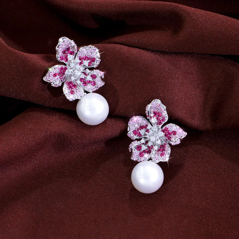 ThreeGraces Gorgeous Shiny Pink Zirconia Big Simulated Pearl Long Flower Dangle Earrings for Women Bridal Party Jewelry  E2005