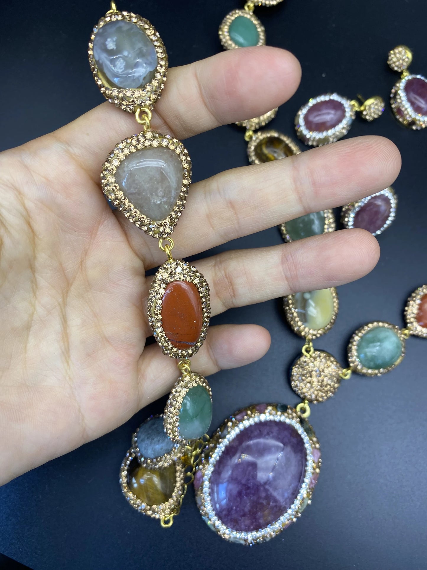 Colorful Multi Crystal Stone Jewelry Sets Natural Amethyst Tiger's Eyes Quartz Inlaid Rhinestone Beaded Necklace Earring