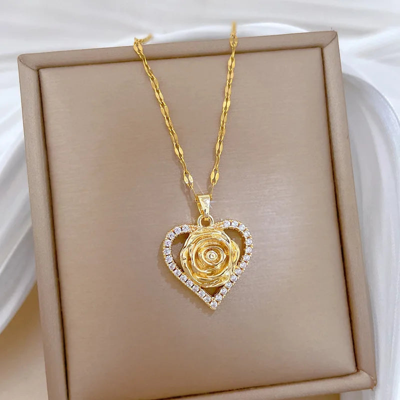 Unique Heart CZ Rose Flower Design Women's Pendant Necklace Aesthetic Bridal Wedding Accessories Gift for Mother's Day New