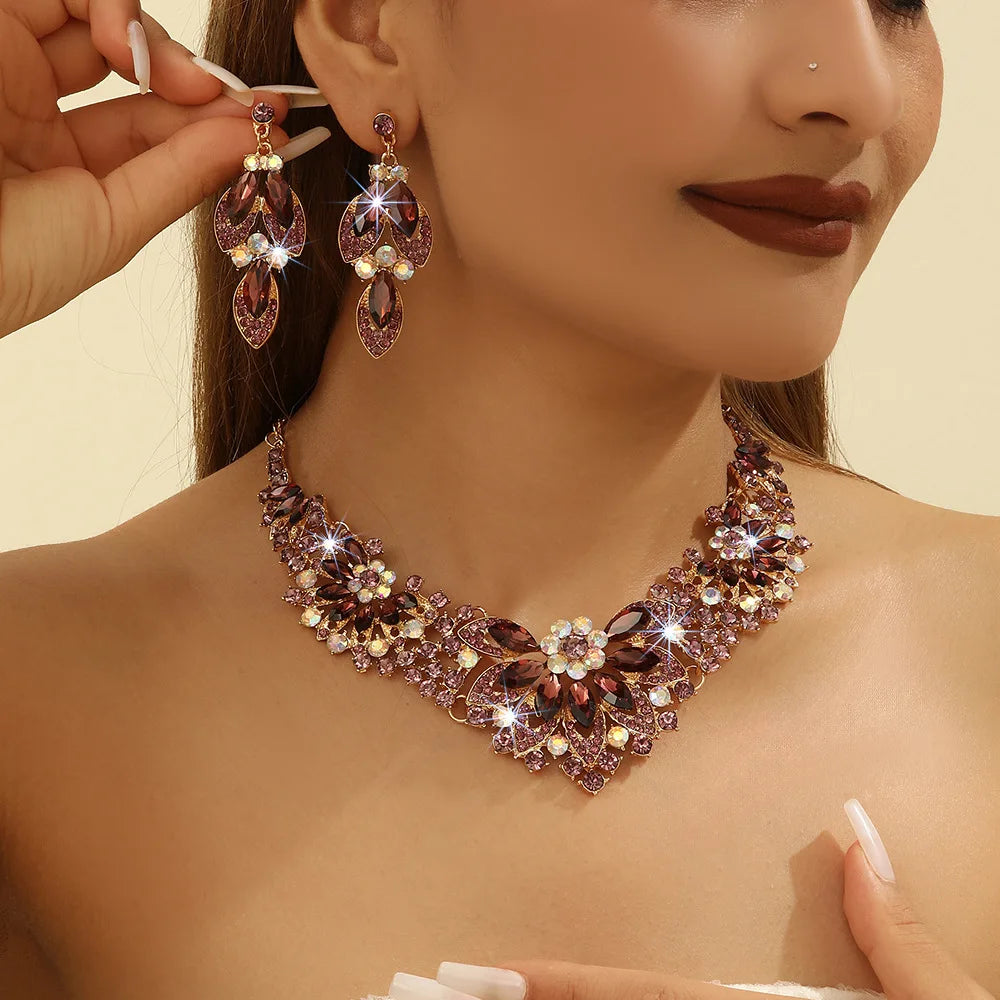 Vintage Crystal Flower Necklace Earrings Jewelry Set for Women Party Wedding Holiday Wear Casual Style All Seasons