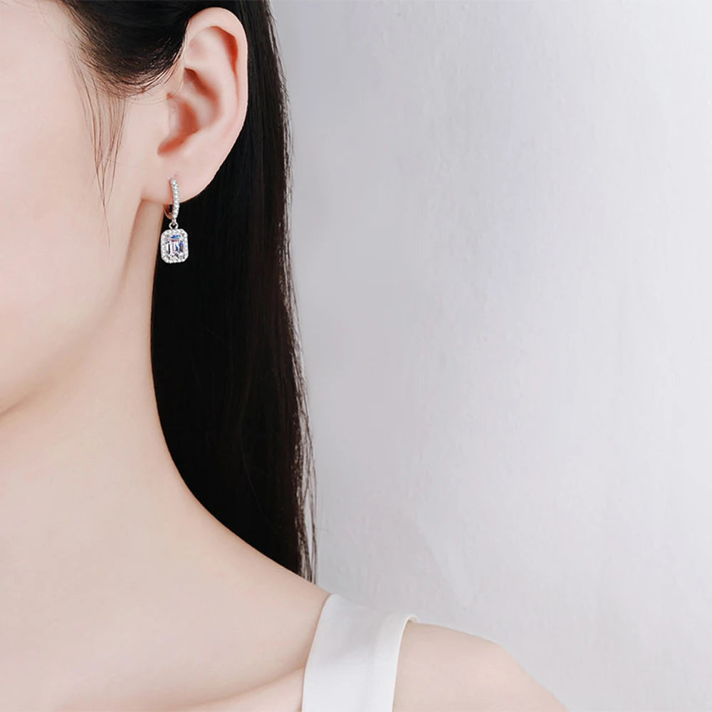 1ct 2ct Emerald/Radiant Cut Moissanite Drop Earrings for Women 925 Sterling Silver Plated PT950 Sparkling Hoop Earring With GRA