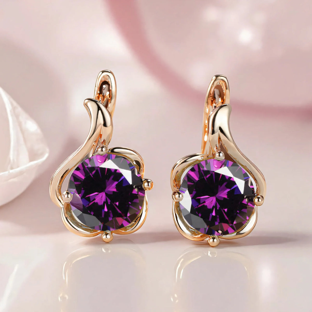 Female Crystal Round Red Green Purple Zircon Stone Flower Hoop Earrings Charm Rose Gold Color Wedding Jewelry Earrings For Women