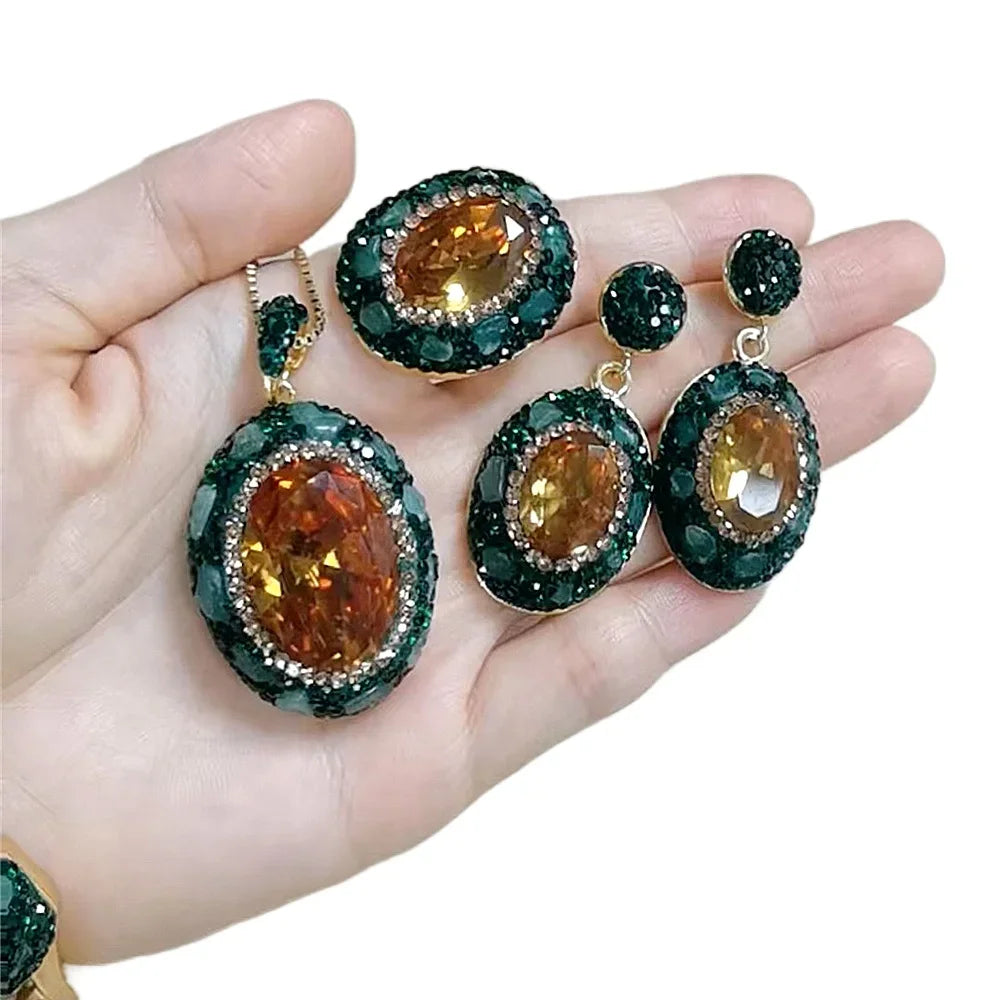 Round Colored Change Sultanite Crystal Bangle Rings Sets for Women Necklace Earring Rings Golden Green Zultanite Quartz Jewelry