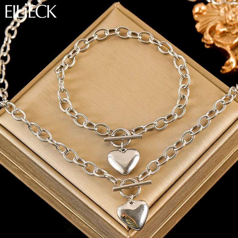 EILIECK 316L Stainless Steel Silver Color Heart Love Necklace Bracelets Set For Women Trendy OT Buckle Waterproof Jewelry Set