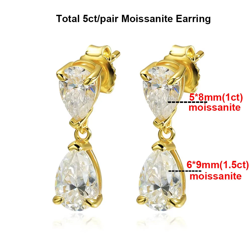 5cttw Double Pear Cut Moissanite Drop Earring for Women GRA Certified 925 Sterling Silver Plated 18K Gold Waterdrop Fine Jewelry